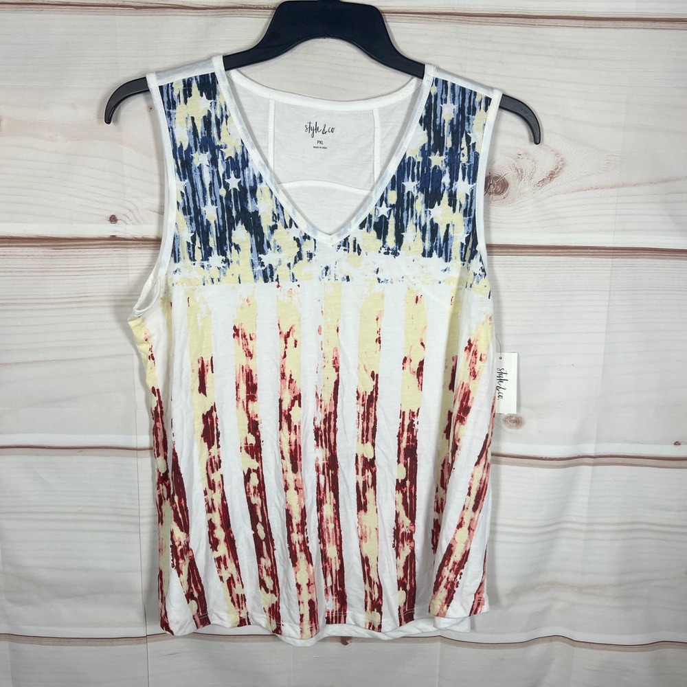 Style & Co Liberty Flag Tank Women PXL White Red Blue American Flag Sleeveless